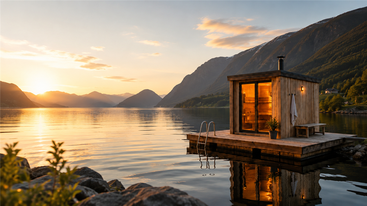 Flytande badstu i solnedgang - Klikk for stort bilde