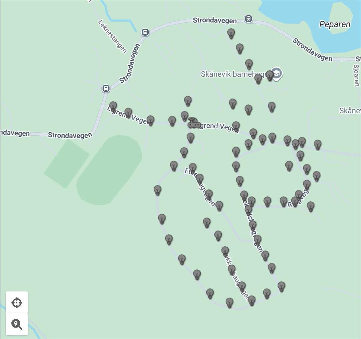 Kart over lysmastene - Klikk for stort bilde